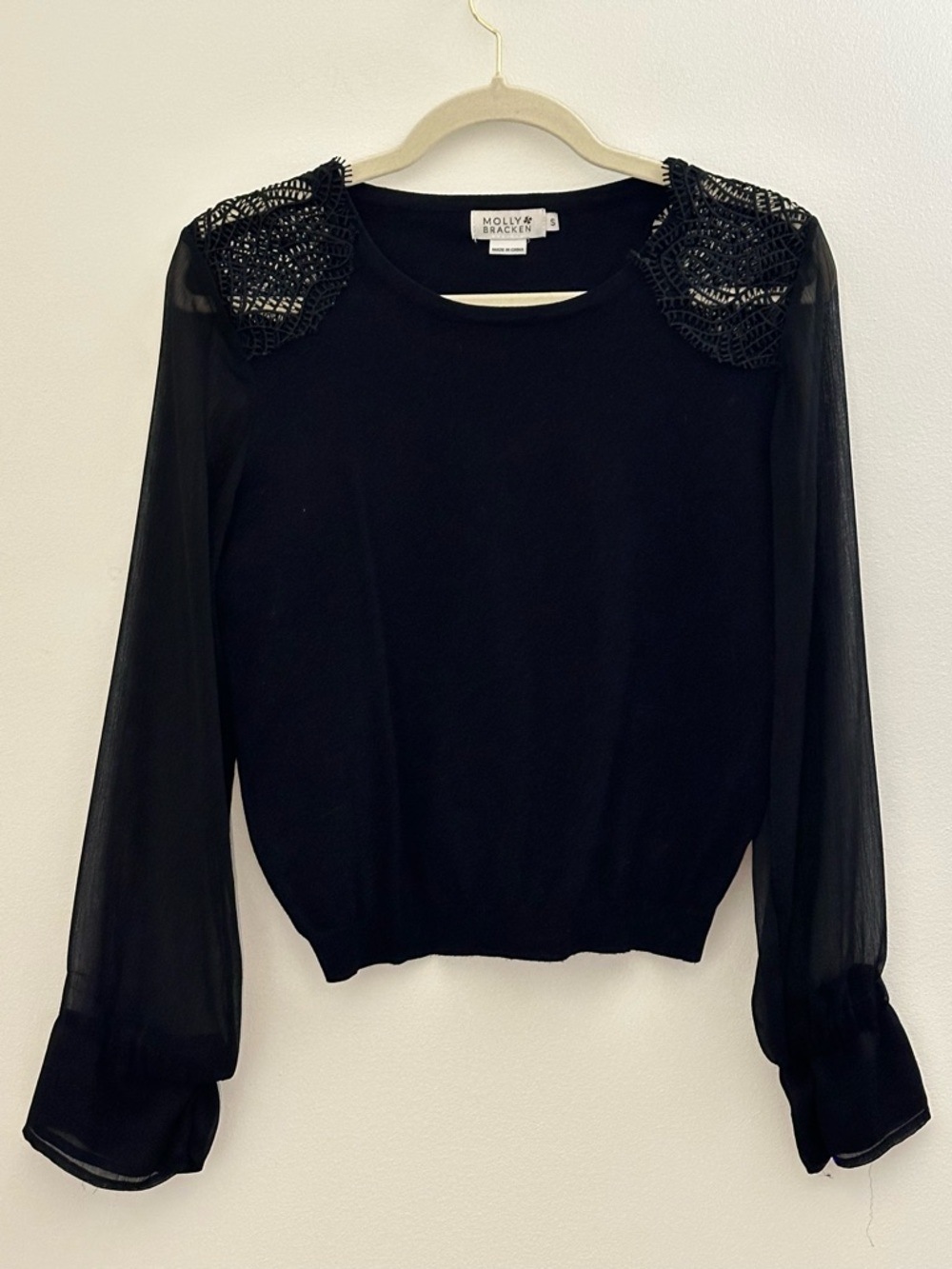 Molly Bracken Black Sweater - Sheer Sleeves Crochet Lace Shoulder Detail-Small